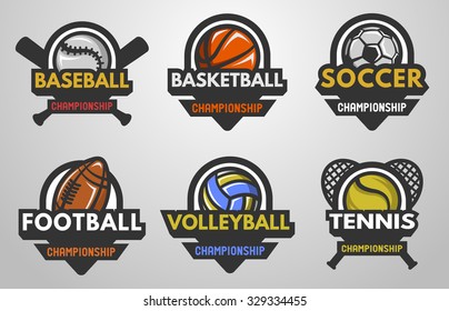 Set Of Sports Logos Baseball, Basketball, Football, Soccer, Volleyball, Tennis.