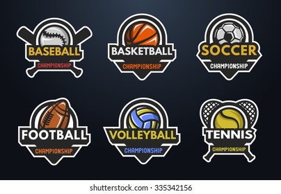 Set Of Sports Logos Baseball Basketball Football Volleyball Tennis On A Dark Background.