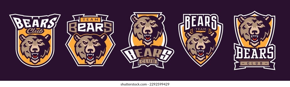 Set of sports logos with bear mascots. Colorful collection sports emblem with bear mascot and bold font on shield background. Logo for esport team, athletic club. Isolated vector illustration