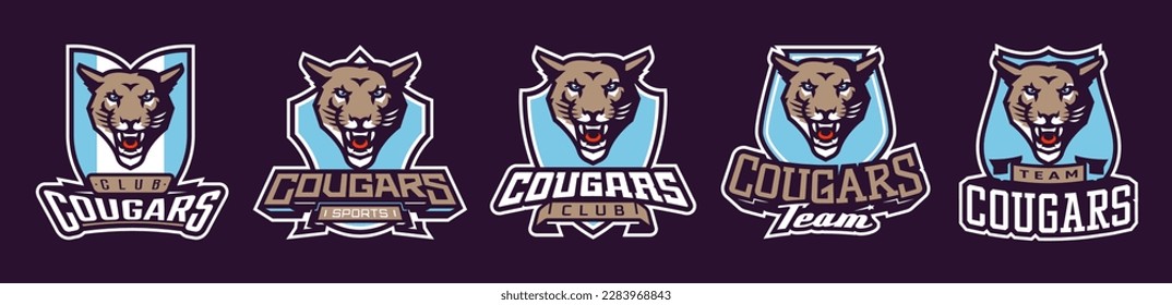 Conjunto de logos deportivos con mascotas de cougar. Colorido emblema deportivo de colección con mascota de cougar y letra negrita sobre fondo escudo. Logo para el equipo deportivo, club deportivo. Ilustración vectorial aislada