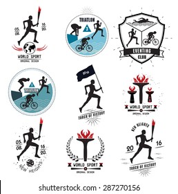 A set of Sports logos, emblems and design elements. The runner with the torch. Emblems and signs of the triathlon.