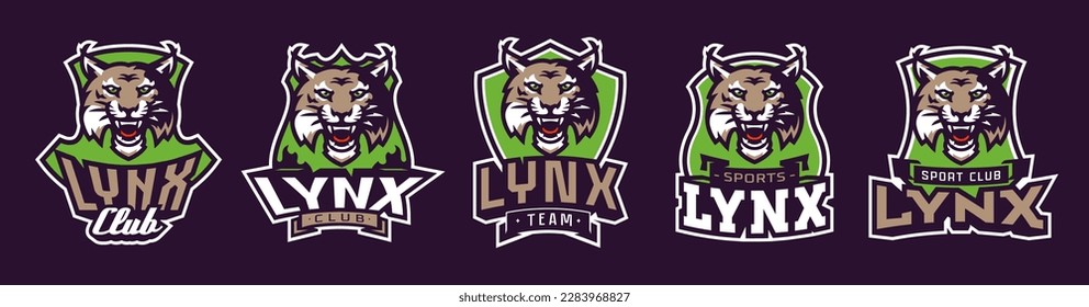 Set of sports logos with lynx mascots. Colorful collection sports emblem with lynx mascot and bold font on shield background. Logo for esport team, athletic club. Isolated vector illustration