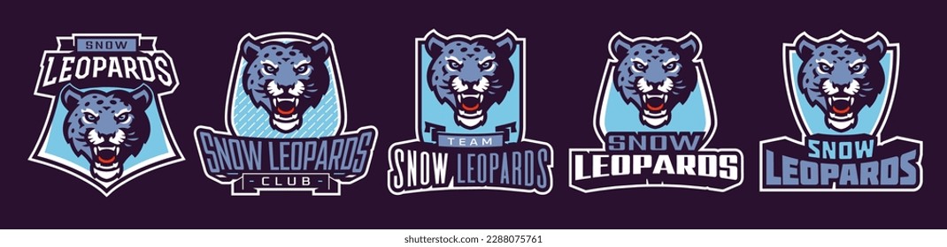 Set of sports logos with snow leopard mascots. Colorful collection sports emblem mascot and bold font on shield background. Logo for esport team, athletic club. Isolated vector illustration