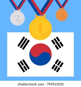 A set of sports medals. Olympic medals. A set of Olympic trophies. Flat design, vector illustration, vector.