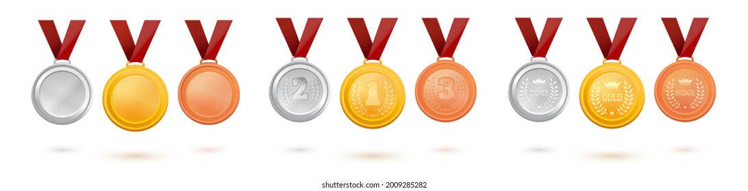 Set of sports medals on a red ribbon for first, second and third place. Award medals made of various materials: gold, silver and bronze. Vector illustration