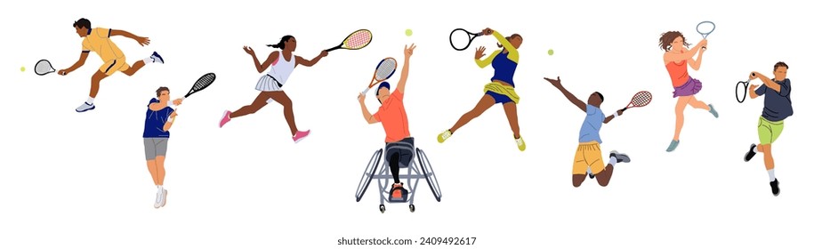 Juego de deportistas hombres y mujeres grandes jugadores de tenis.