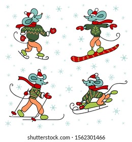 Set of sports mouse: a mouse skates, rides a snowboard, goes skiing, rides a sled. Winter sports. Rat is a symbol of 2020 New Year. Snowflakes. East calendar. Collection. Handmade drawing. Vector.