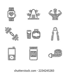 Set Sports nutrition, Anabolic drugs, Tape measure, expander, Music player, Dumbbell, Bodybuilder muscle and Smart watch icon. Vector