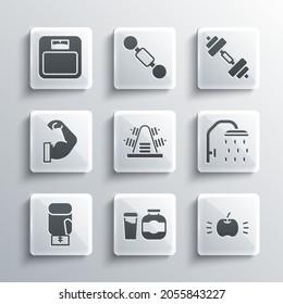 Set Sports nutrition, Apple, Shower head, Metal rack with weights, Boxing glove, Bodybuilder muscle, Bathroom scales and Dumbbell icon. Vector