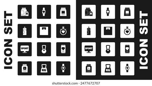 Set Sports nutrition, Bathroom scales, Fitness shaker, Heart in the center stopwatch, Smartwatch, Mobile with heart rate and Location gym icon. Vector