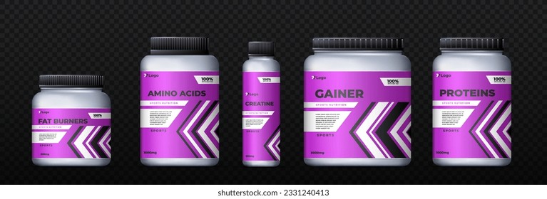 Set of sports nutrition concept. Jars and containers with violet tagson copy space. Protein, gainer and amino acids for bodybuilding. Realistic vector collection isolated on transparent background