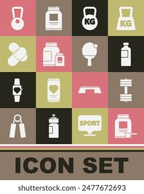 Set Sports nutrition, Dumbbell, Fitness shaker, Kettlebell,  and Racket and ball icon. Vector