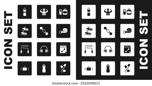 Set Sports nutrition, Dumbbell, sneakers, Bottle of water, Tape measure, Bodybuilder muscle, Calendar fitness and Jump rope icon. Vector