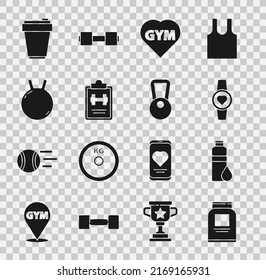 Set Sports nutrition, Fitness shaker, Smartwatch, gym heart, training program, Kettlebell,  and  icon. Vector