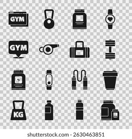Set Sports nutrition, Fitness shaker, Dumbbell, Whistle, Location gym, Online fitness and training and bag icon. Vector