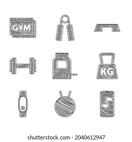 Set Sports nutrition, Kettlebell, Music player, Weight, Smartwatch, Dumbbell, Step platform and Online fitness and training icon. Vector