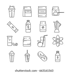 Set of sports nutrition Related Vector Line Icons. Includes such Icons as protein shake, vitamins, amino acids, sports, proteins, carbohydrates, weight, dietary supplements, food additives