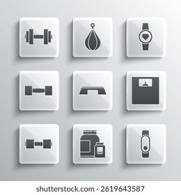 Set Sports nutrition, Smartwatch, Bathroom scales, Step platform, Dumbbell,  and  icon. Vector