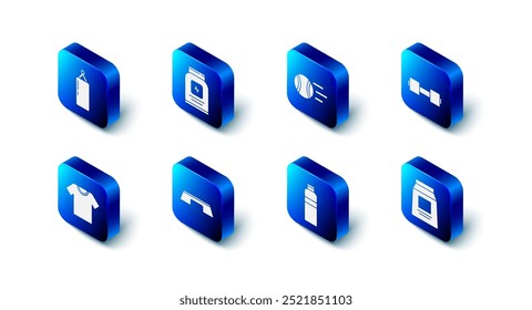 Set Sports nutrition, Tennis ball, Dumbbell, Fitness shaker, Step platform, T-shirt and Punching bag icon. Vector