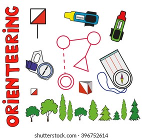 Set of sports orienteering symbols.Flat, isolated, detailed vector icons.