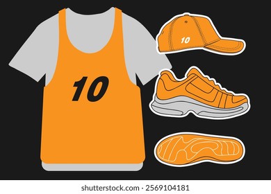 Set of sports outfit, sneakers, cap, t-shirt vector image. Fashion, print, web resources