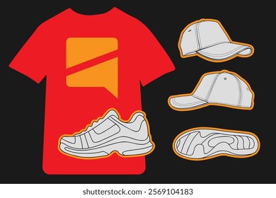 Set of sports outfit, sneakers, cap, t-shirt vector image. Fashion, print, web resources