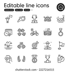 Set of Sports outline icons. Contains icons as Dumbbells, Flag and Bicycle parking elements. Laurel wreath, Fitness water, Medal web signs. Target goal, Dumbbell, Scuba diving elements. Vector
