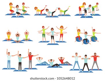 Set of sports people in gym. Group fitness training. Active and healthy lifestyle. Men and women doing exercises. Young girls and guys in sportswear. Flat vector design