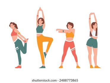 Set of sports people stretching workout training fitness in the gym, yoga exercise standing in different pose, healthy lifestyle and weight loss concept illustration