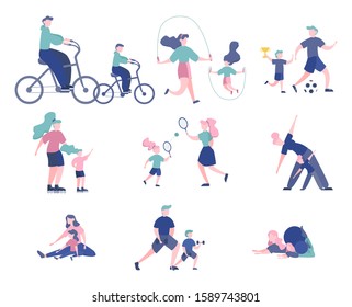 Set of sports people with their children. Parents doing different kind of sport - play foottball, doing yoga, skating. Gymnastics and workout. Flat illustration