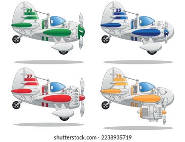 Set of sports planes. Side view. Isolated on white background. Vector illustration.