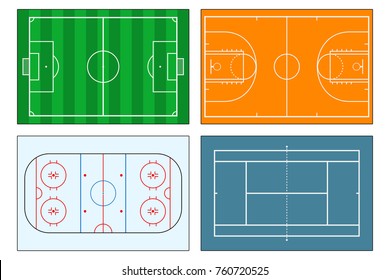 Set of sports play-fields. Soccer (football) field, tennis and basketball courts, ice hockey rink. Mockup background for sport strategy and tactics. Vector illustrator.