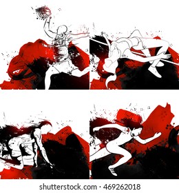 Set of Sports Poster, Banner or Flyer design with illustration of Runner, Basketball Player and High Jump Player, Creative Abstract background with brush strokes.