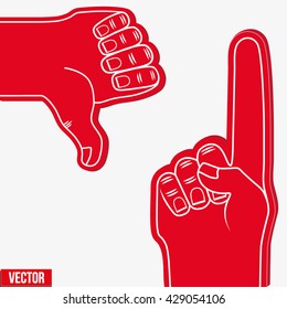 Set of Sports Red Fans holding Foam Fingers. Up and dislike. Vector Illustration Isolated on white background.