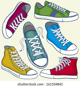 Set of Sports Shoes in Grunge Style.