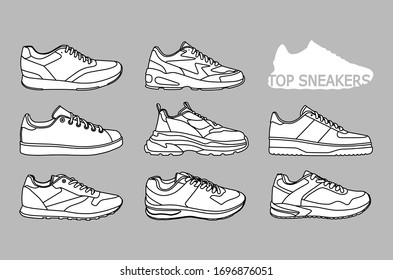 set of sports shoes on a grey background