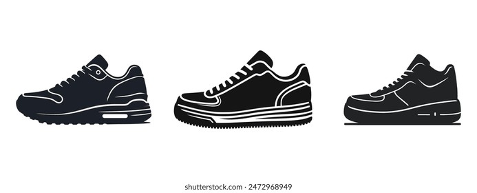 Set Sports shoes, sneakers black icon, flat design on white background. Vector illustration