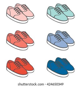 Set of sports shoes, sneakers.  Peach echo, rose quartz, snorkel blue, serenity, limpet shell, fiesta color.  Vector illustration