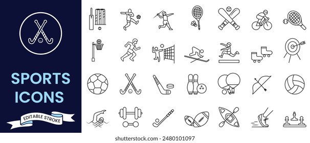 Conjunto de signos deportivos, iconos y símbolos. Deportes Icono de línea editable, conjunto de Vector. Ilustración vectorial de ícono de fitness, futbol, cricket, golf, tenis, natación, tenis, ícono de ajedrez.