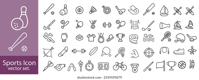 Set of sports sign, icon and symbols. Sports Editable line Icon, vector set. Vector illustration of fitness icon, football, cricket, golf, tennis, swimming, tennis, chess icon.