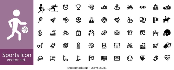 Set of sports sign, icon and symbols. Sports Editable line Icon, vector set. Vector illustration of fitness icon, football, cricket, golf, tennis, swimming, tennis, chess icon.