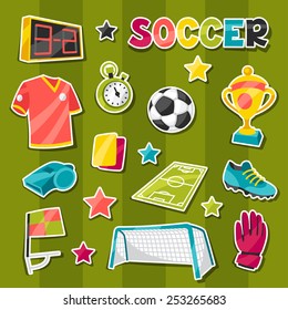 Set Of Sports Soccer Sticker Symbols And Icons In Cartoon Style.