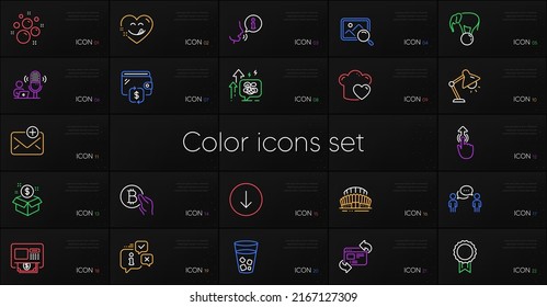 Set Of Sports Stadium, Atm And Refresh Website Line Icons. Include Post Package, Love Cooking, Stress Grows Icons. Clean Bubbles, Ice Tea, Reward Web Elements. Info, Yummy Smile, Wallet. Vector