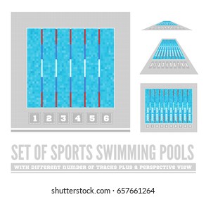 Set of sports swimming pools with different number of tracks plus a perspective view