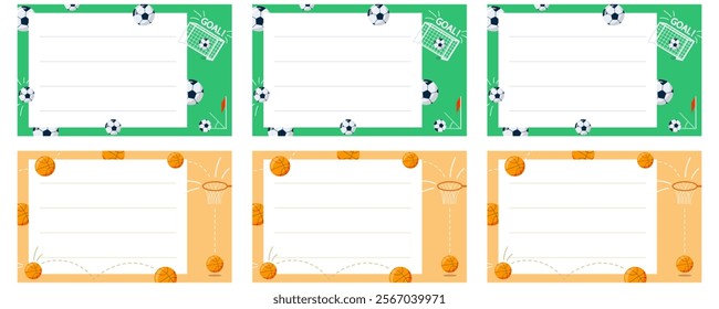 Set of sports themed notebook name stickers football and basketball. Copy space. Vector illustration for school supplies, card, print. Labels.