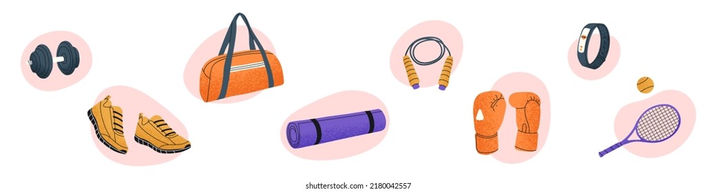 Set of sports tools. Clothing and equipment for sports. Flat Vector Illustration
