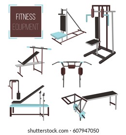 A set of sports training equipment and shells for fitness. Vector cartoon illustration of a flat design.