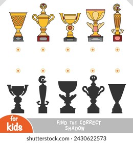 Conjunto de copas de trofeos deportivos. Encuentra la sombra correcta, juego de educación para los niños. Dibujos animados en color