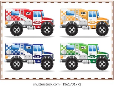 A set of sports trucks. Side view. Isolated on white background. Vector illustration.