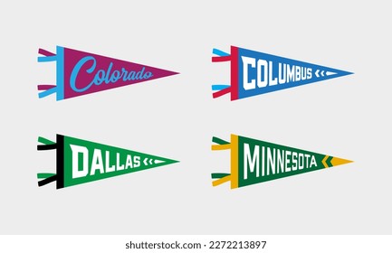 Juego de jugadores deportivos del equipo de los Estados Unidos. Etiquetas de colores deportivos retro. Estilo vagabundo dibujado a mano vintage. Aislado sobre fondo blanco. Colorado, Columbus, Dallas, Minnesota.